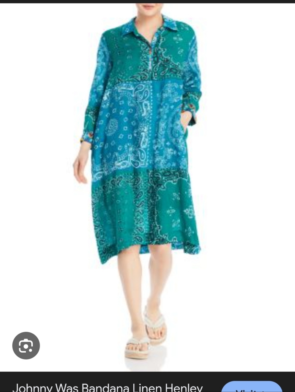 Johnny Was Workshop Womens Blue Green Bandana Print Henley Midi Shirt Dress sm